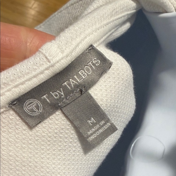 T by Talbots HOODED HALF-ZIP PIQUÉ PULLOVER White with Teal & Black Stripe Med - Picture 7 of 9